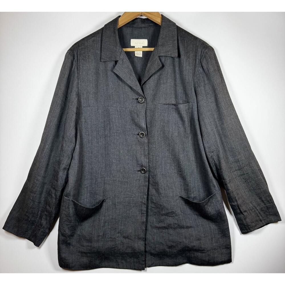 Vintage J.Jill Linen Blend Blouse Jacket Womens 10 Gray Button Front Made in USA